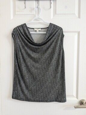 HALSTON Cowl Neck Sleeveless Top – Black & White Abstract Print Chic Blouse - S